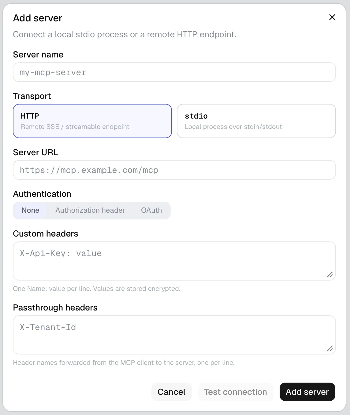 The Add server dialog set to HTTP, showing the Authentication options: None, Authorization header, and OAuth.