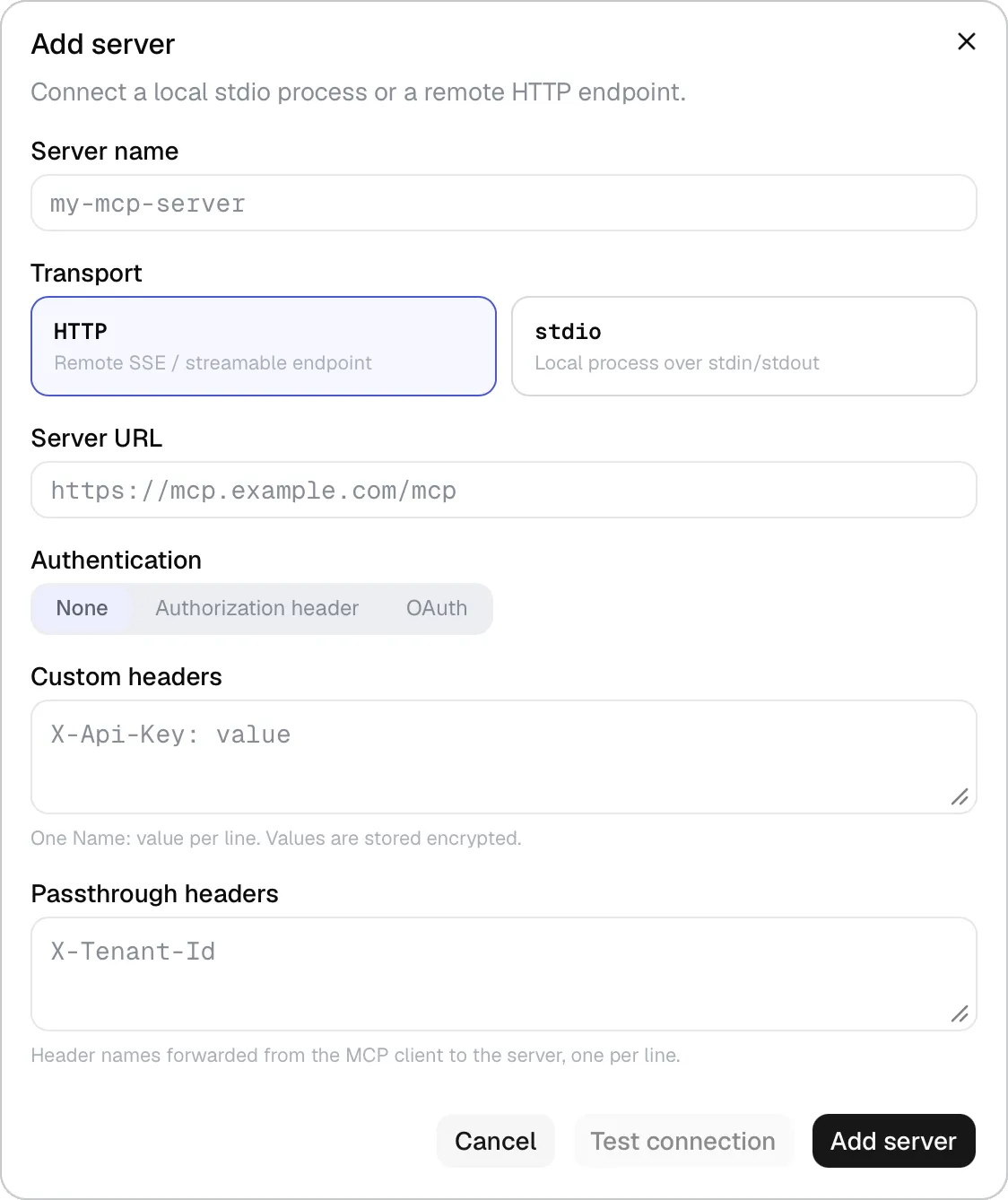 Add server dialog set to HTTP transport — server URL, authentication, custom and passthrough headers.