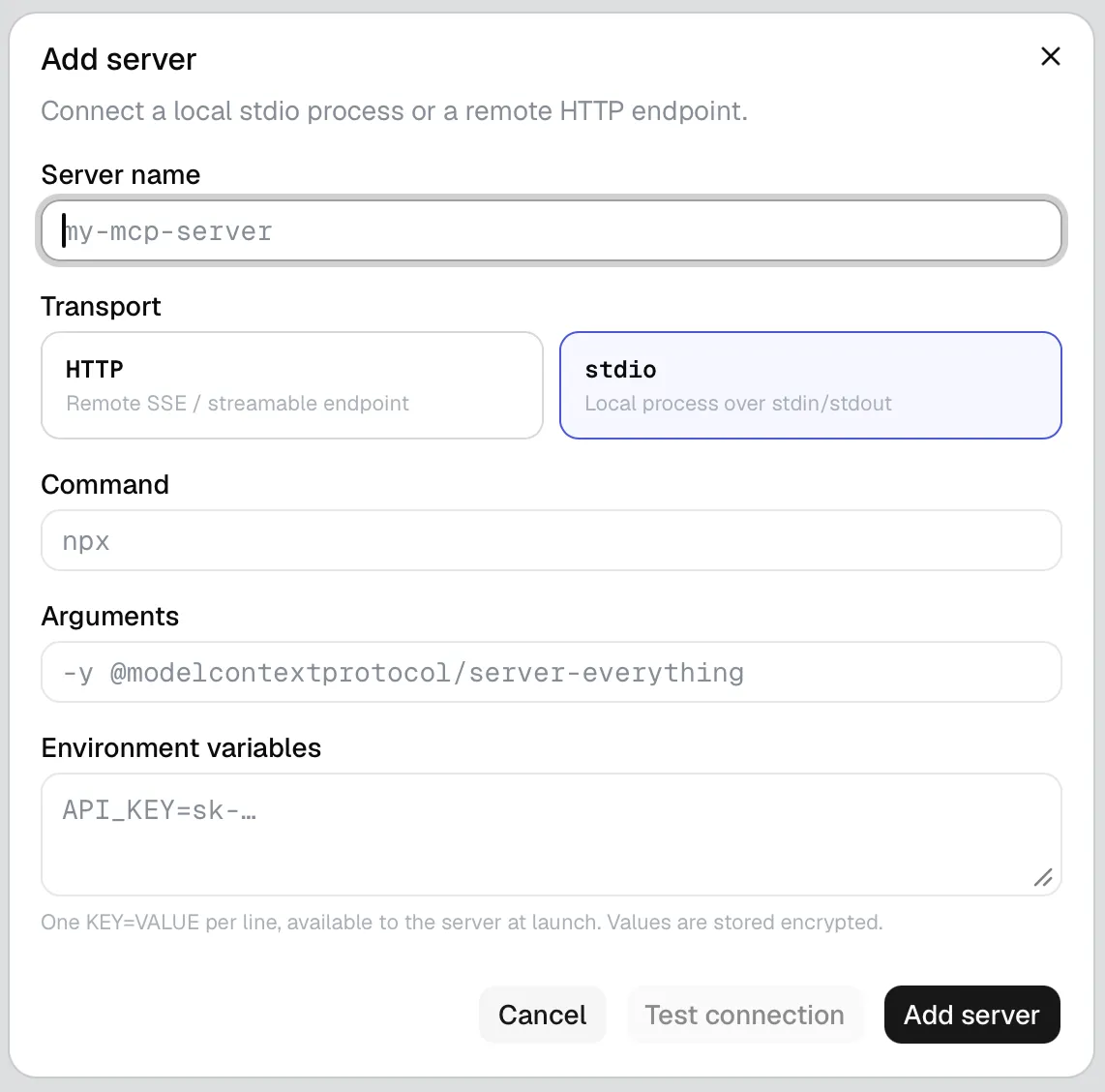 The Add server dialog set to the stdio transport, with Command, Arguments and Environment variables fields.