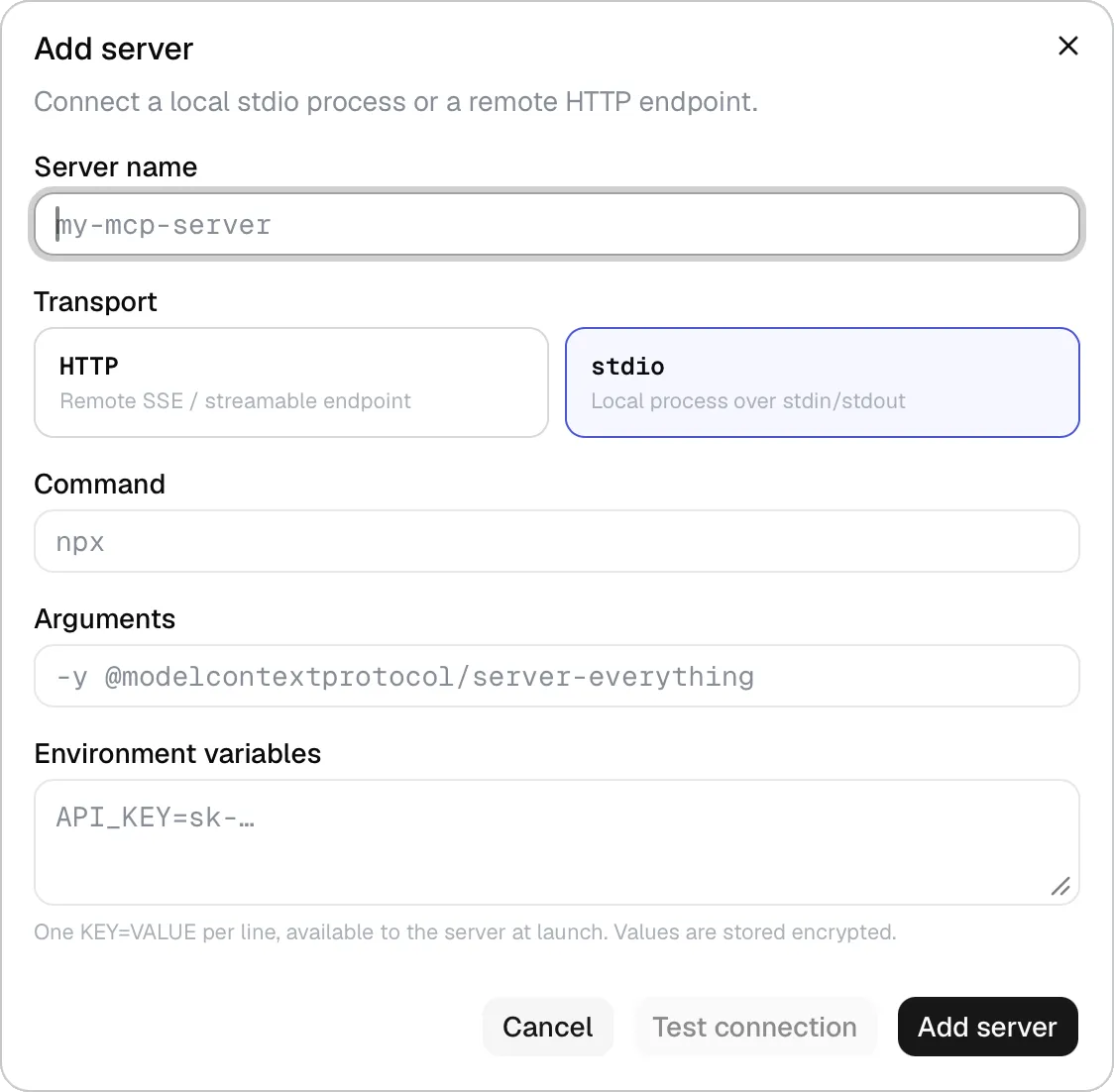 Add server dialog set to stdio transport — command, arguments and environment variables.