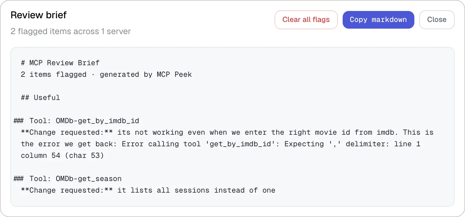 Review brief modal — two flagged items across one server compiled into a copyable Markdown brief.
