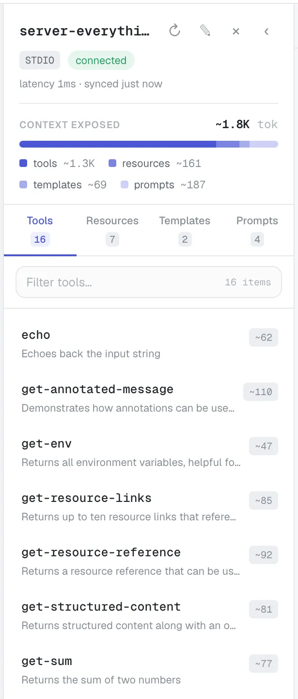 The explorer on the Tools tab, showing per-item token estimates and the "Context exposed" summary.
