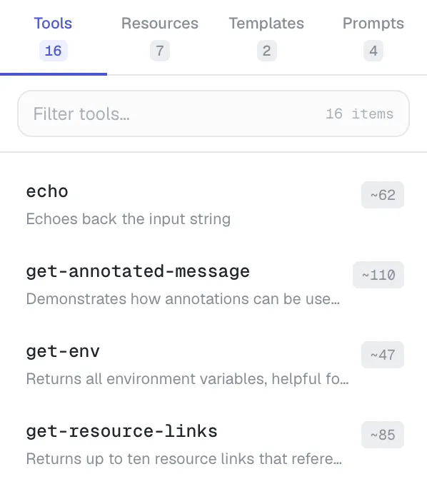 Server catalog — Tools, Resources, Templates and Prompts tabs with counts, a filter field, and a list of tools each showing its token count.