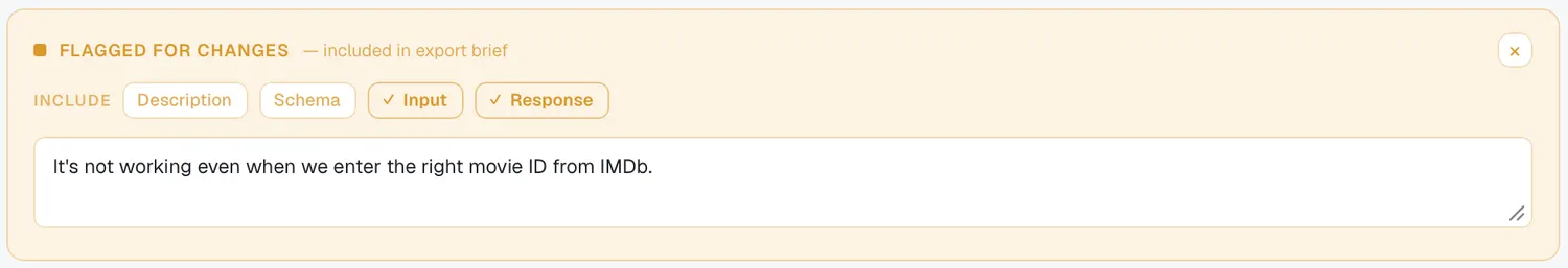 The amber "Flagged for changes" box with a note field and Include chips.