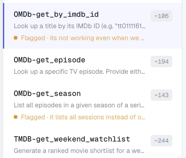 Tool catalog list with two tools flagged, each showing its change note inline.