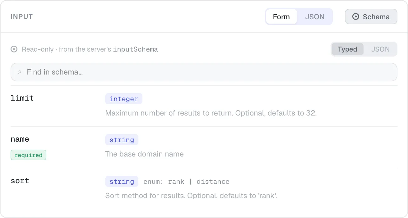 Typed schema view — each field with its type, required flag and description, plus a find-in-schema search.
