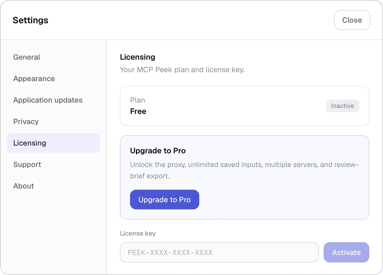 Settings → Licensing showing an active Pro license.
