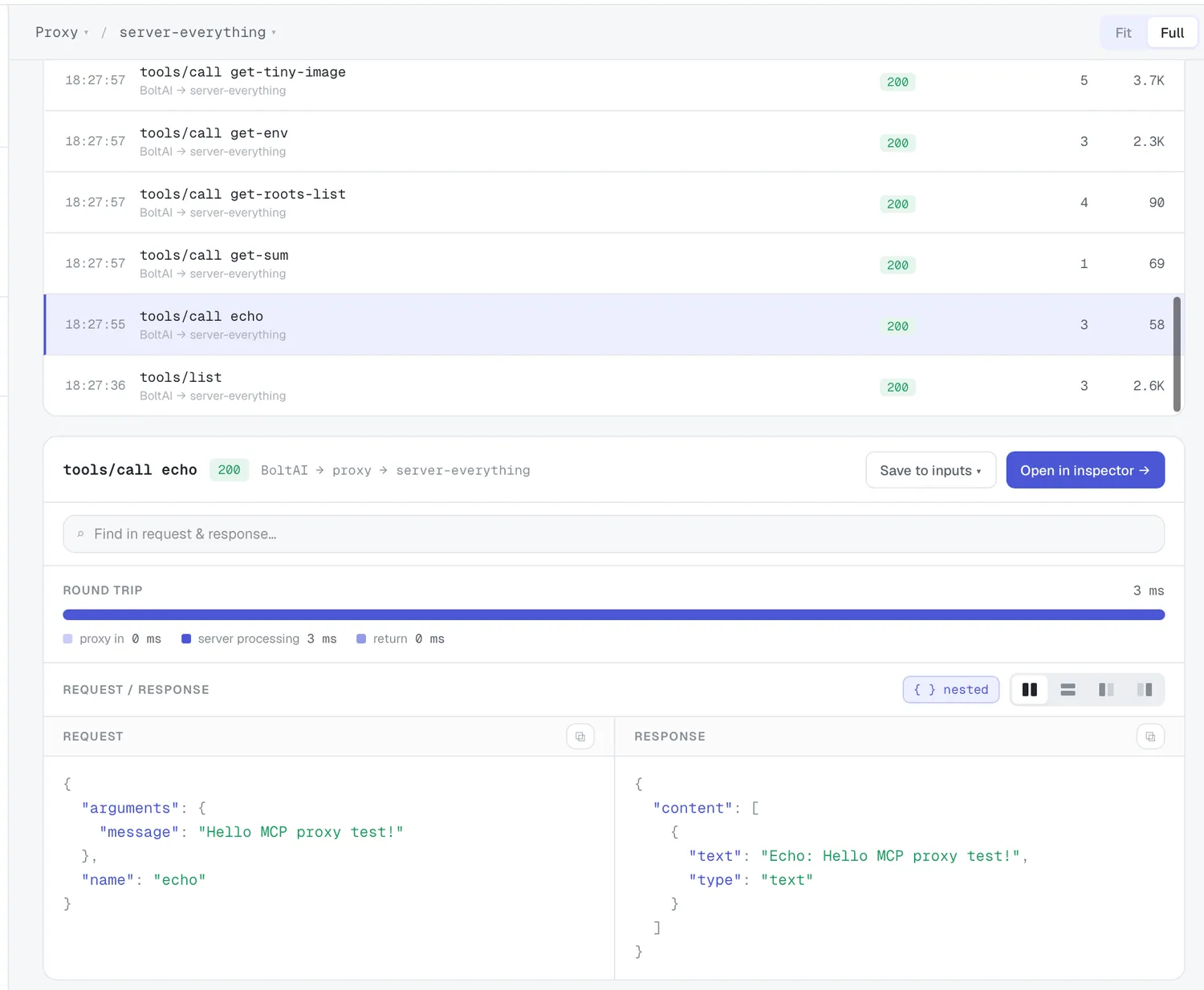 Per-flow detail — the round-trip waterfall with Request and Response panels.
