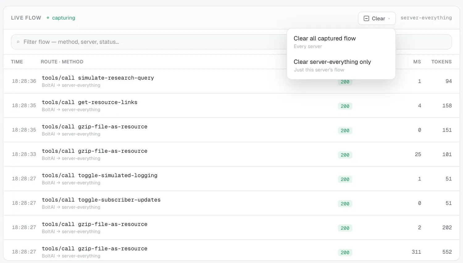 The Live flow log with captured rows and the Clear menu.