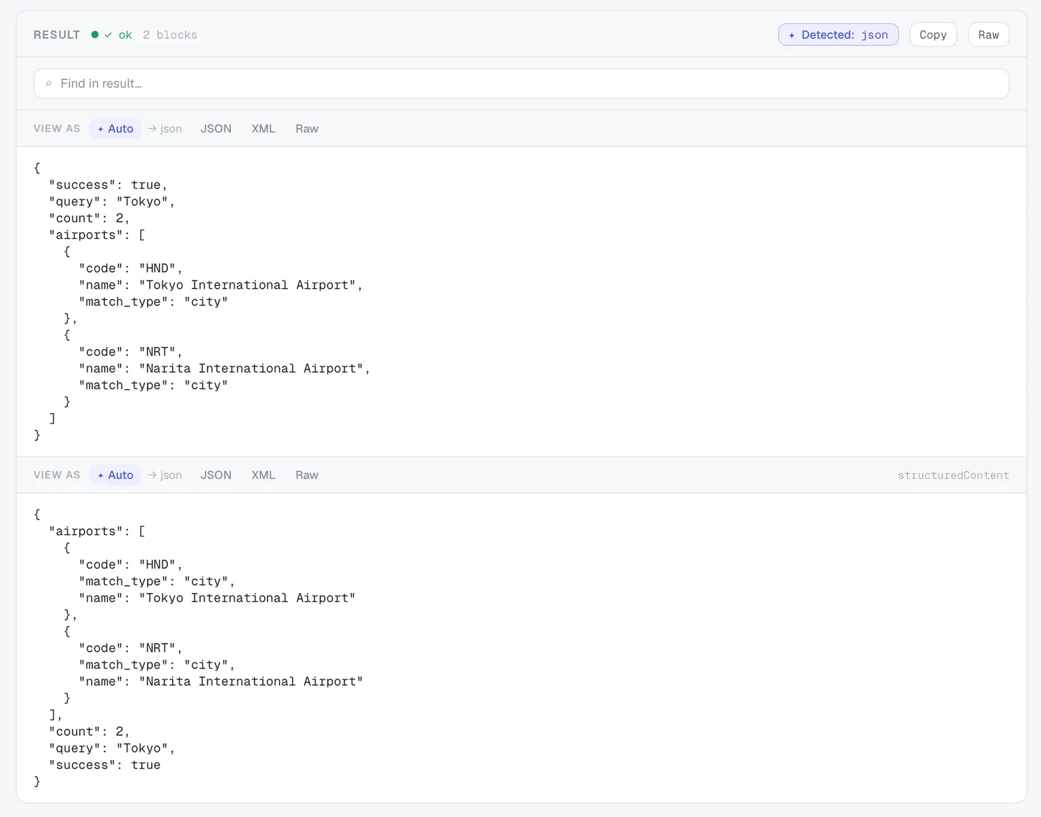 A tool result with the "View as" row and find-in-result.