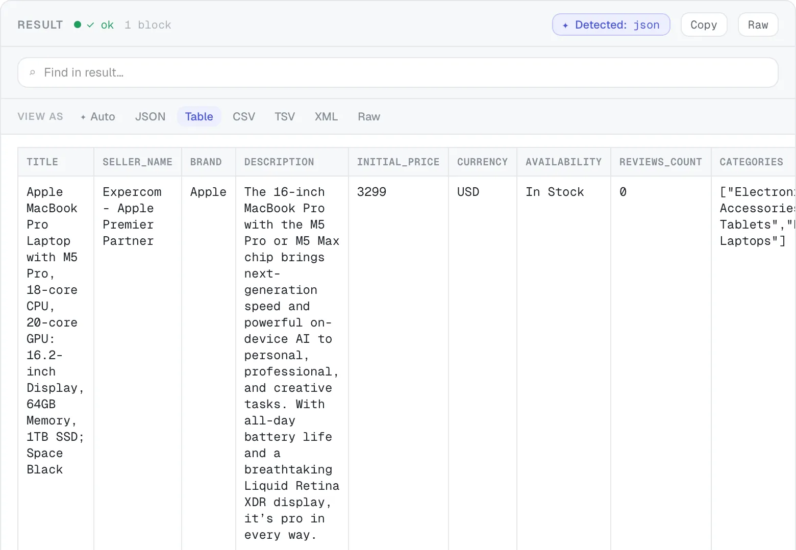 Structured JSON result rendered as a sortable table of product fields.
