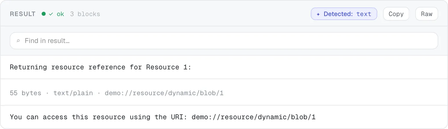 A multi-block plain-text result returning a resource reference.