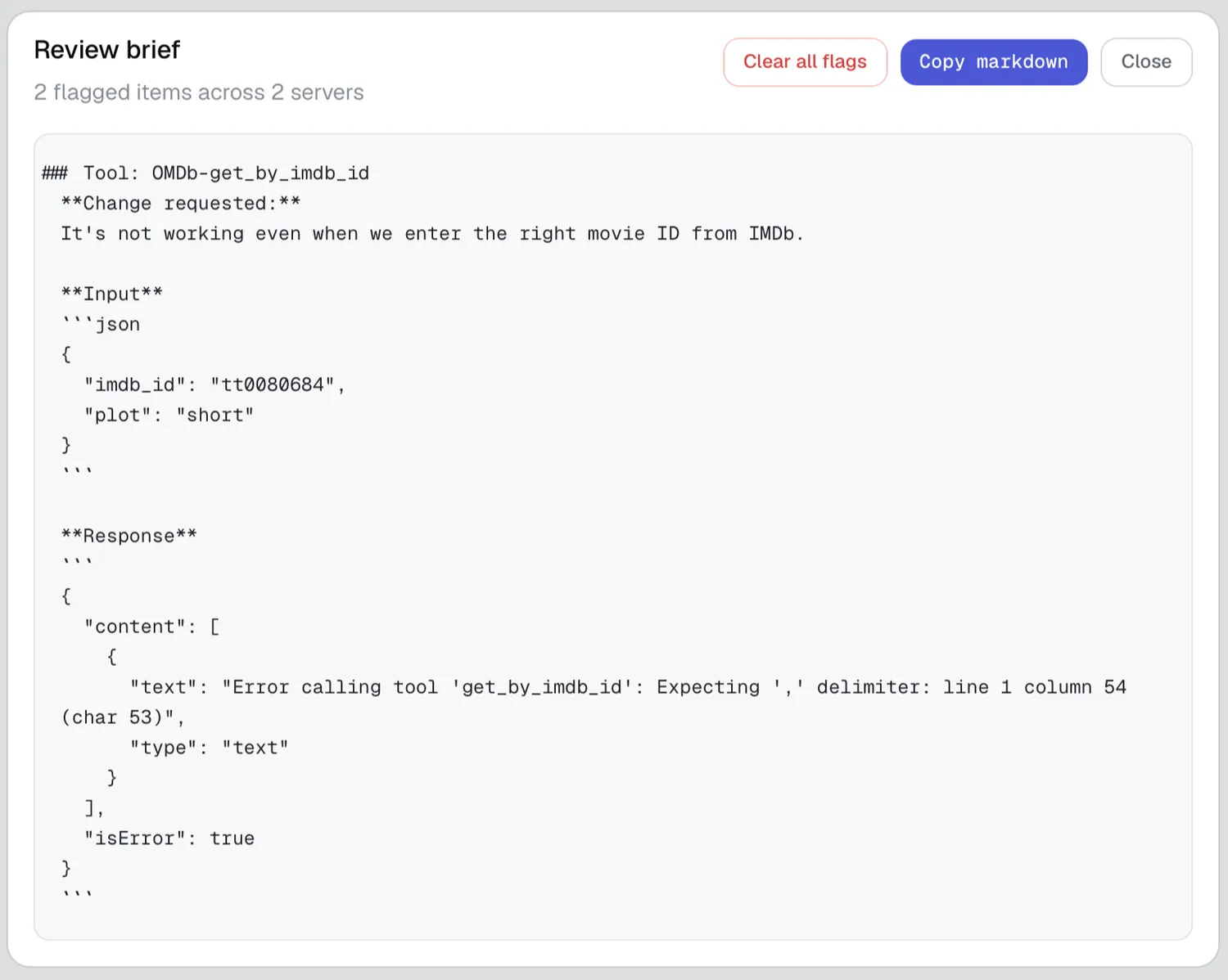 The Review brief modal showing the rendered Markdown.