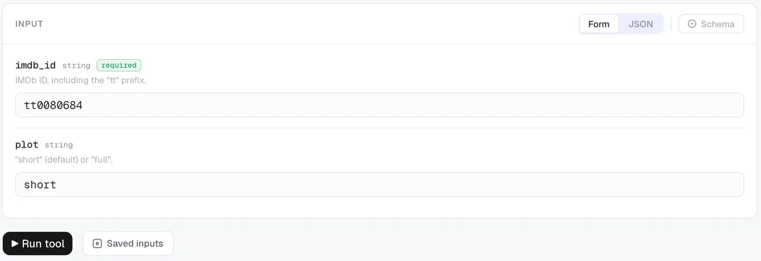 A tool's auto-generated input form with a required-field badge.