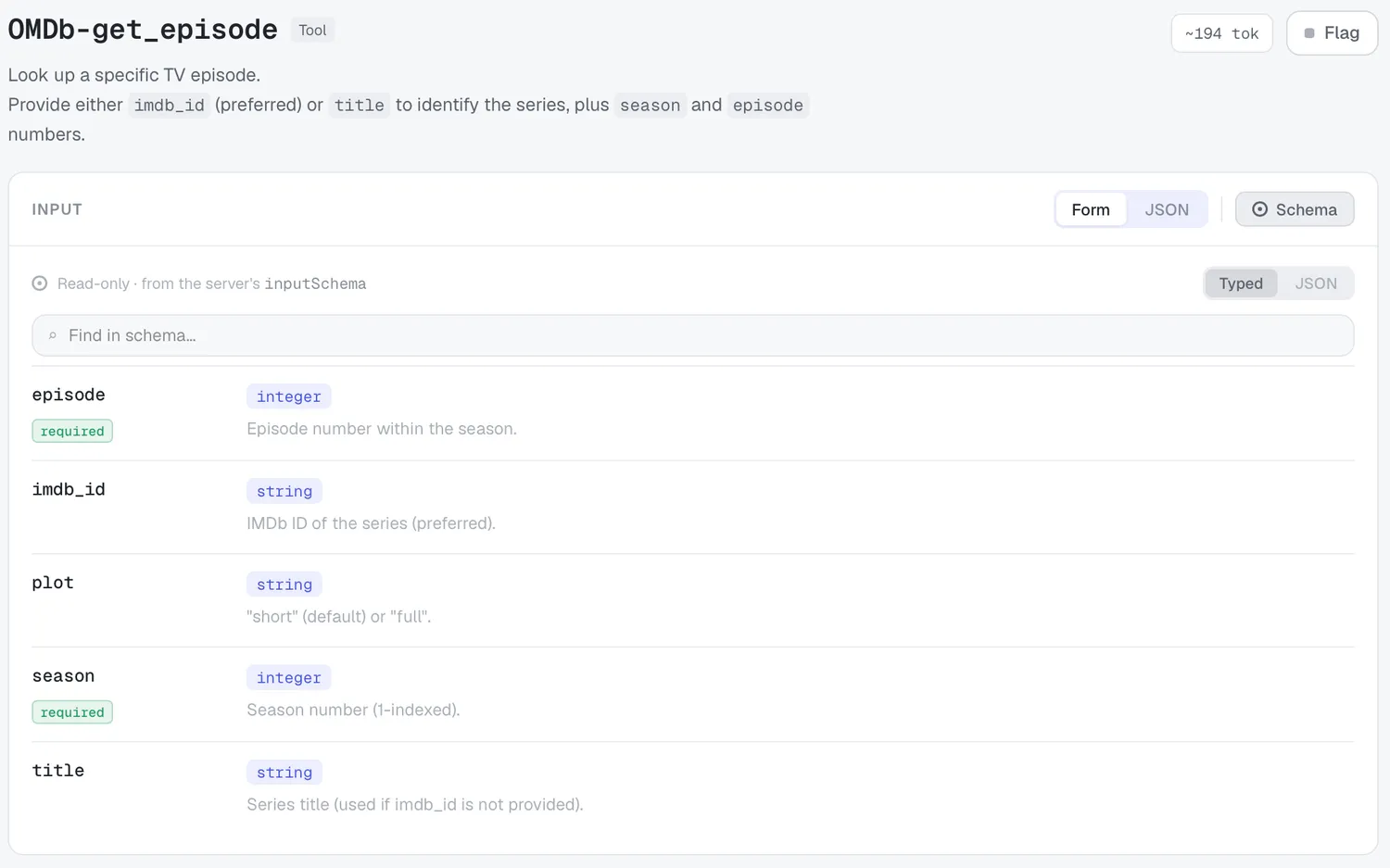 The Inspector's read-only Schema view in Typed mode, with find-in-schema.